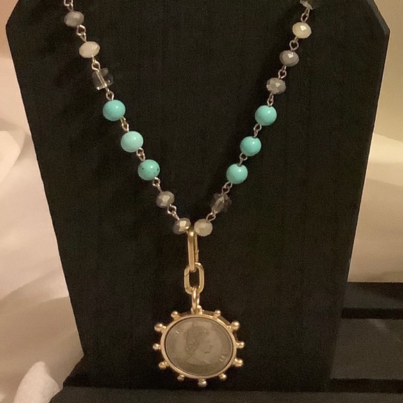 New WOT beautiful coin and beaded necklace with turquoise color beads . - Picture 1 of 1